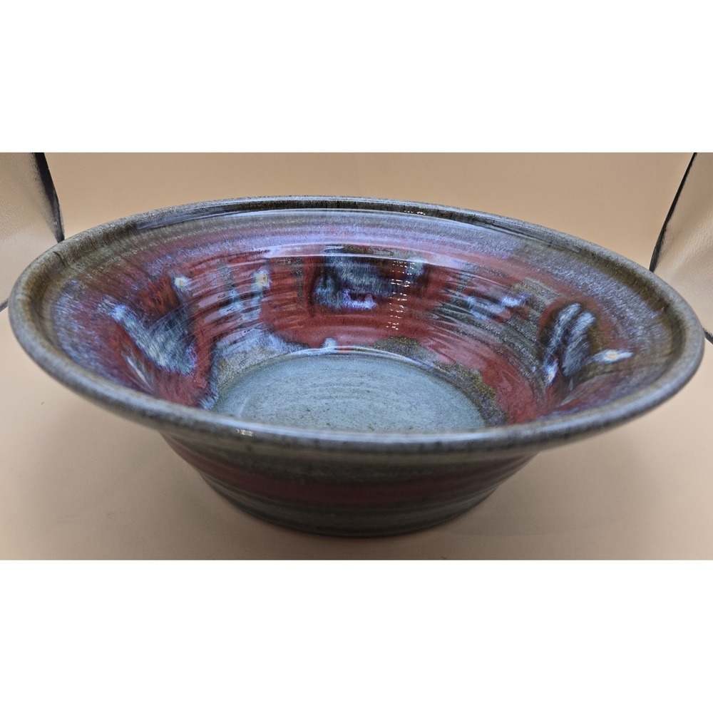 Hand Thrown Bowl Lg. 2015 Studio Art Pottery Greys, Red, Crackle.  #22